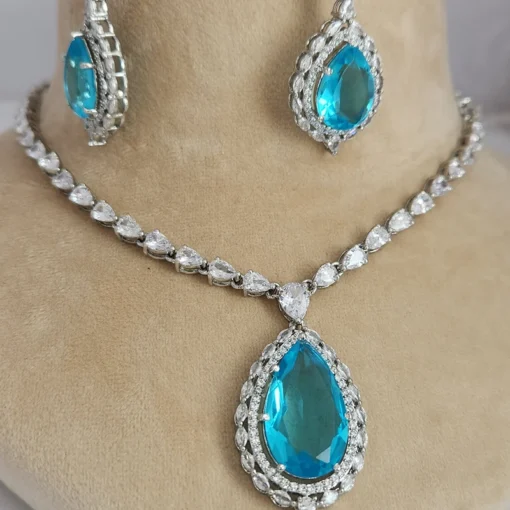 CZ Necklace with Crystal Stone in Aqua