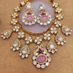 Gold Plated Designer Polki Kundan Studded Bridal Necklace Set