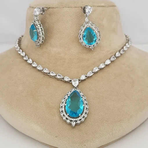CZ Necklace with Crystal Stone in Aqua - Image 3
