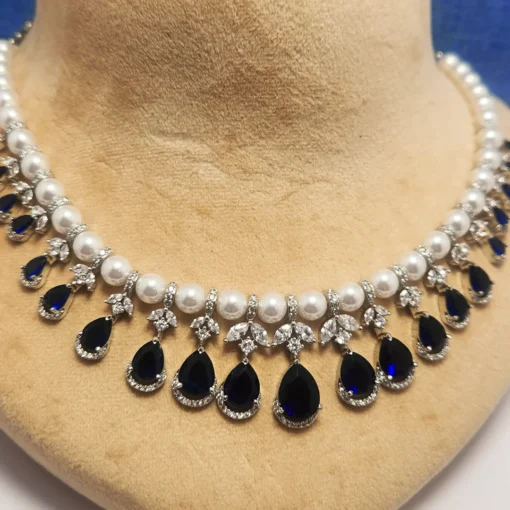 AD Layered Necklace, Pearls & Blue Stones - Image 2