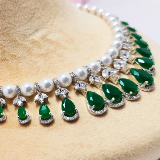 AD Layered Necklace, Pearls & Green Stones - Image 2