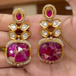 Premium quality polki Earrings in pink coloured Marble stone