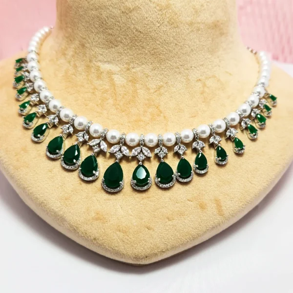 CZ Layered Necklace with Pearls & Green Stones
