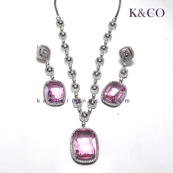 CZ Doublet Stone Necklace, Pink - Image 3