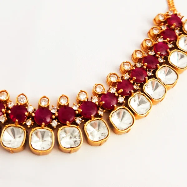 Polki Choker with layers of Stones & Mossainite Pink - Image 3