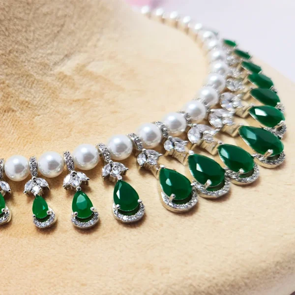 CZ Layered Necklace with Pearls & Green Stones - Image 2