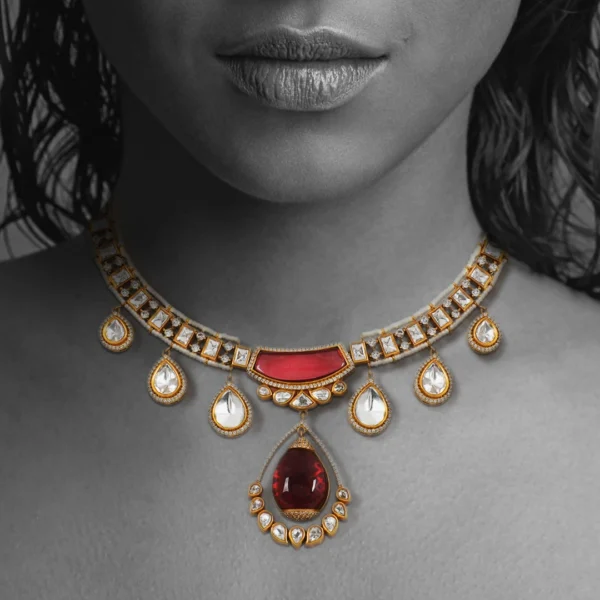Shree Polki Stone Choker Necklace, Red - Image 2