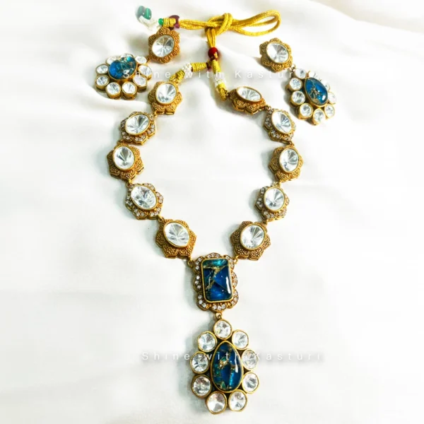 Pari Kundan Moissanite Necklace, Marble stone (Blue) - Image 2