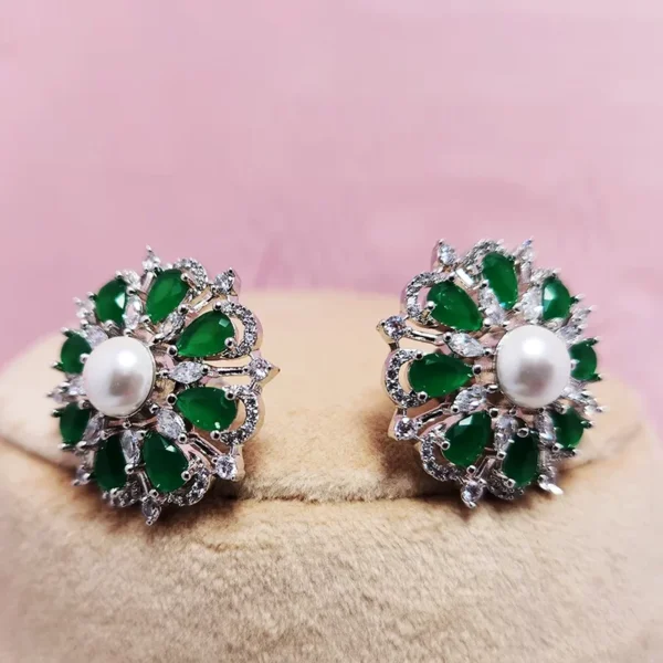 CZ Layered Necklace with Pearls & Green Stones - Image 3