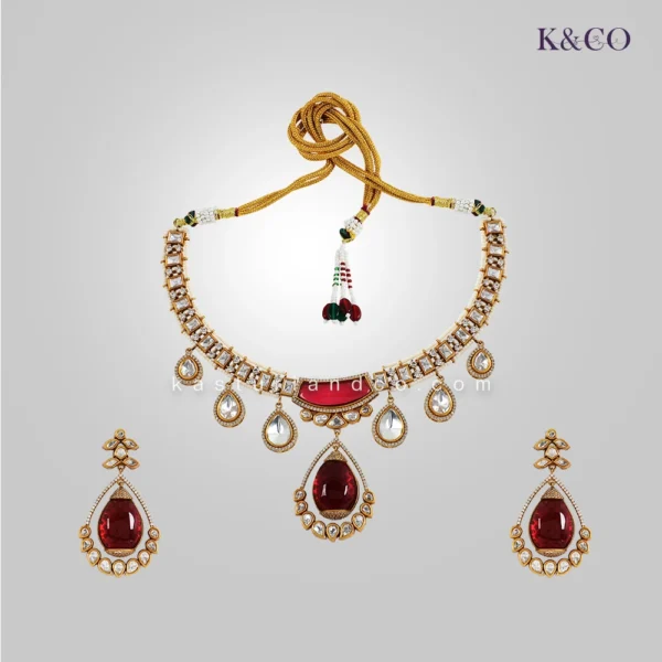 Shree Polki Stone Choker Necklace, Red - Image 3