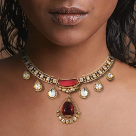 Shree Polki Stone Choker Necklace, Red