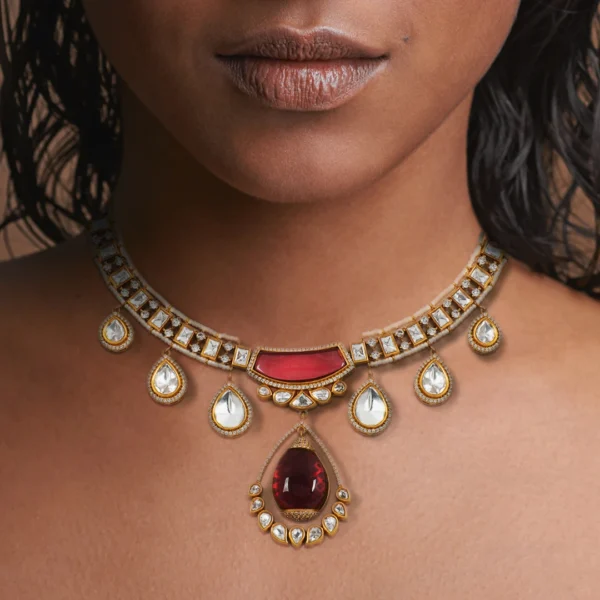 Shree Polki Stone Choker Necklace, Red