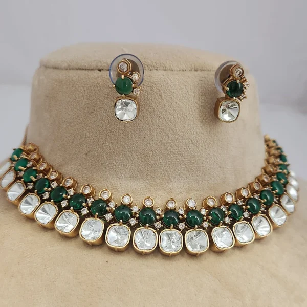 Polki Choker with layers of Stones & Mossainite, Green - Image 3