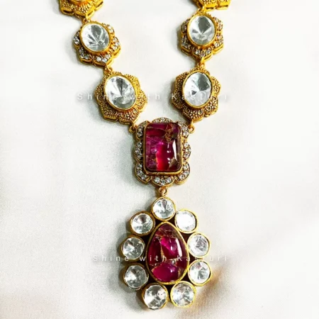 Pari Kundan Moissanite Necklace, Marble stone Pink