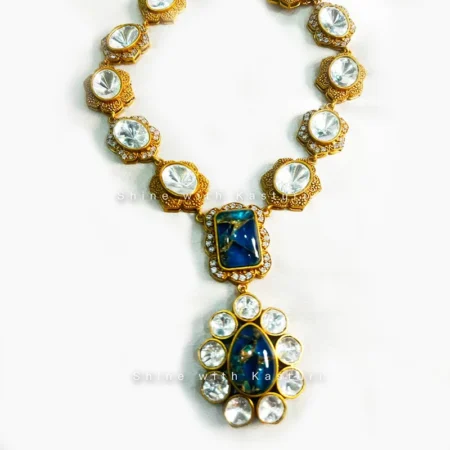 Pari Kundan Moissanite Necklace, Marble stone (Blue)