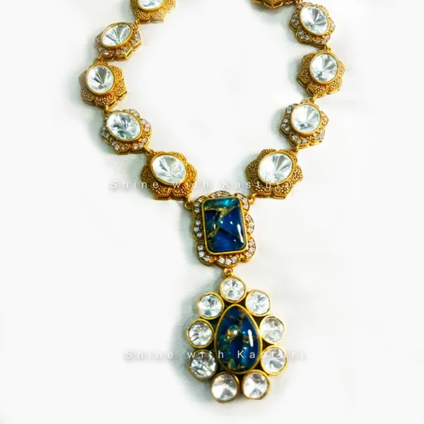 Pari Kundan Moissanite Necklace, Marble stone (Blue)