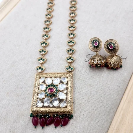 Long Jadau Necklace with Stones, Ruby