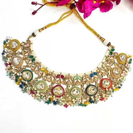 Multicolor Kundan Statement Necklace with Bead Detailing
