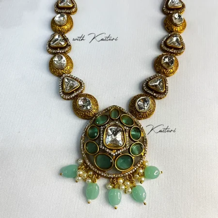 Long Kundan Necklace with Round Pendant, Mint