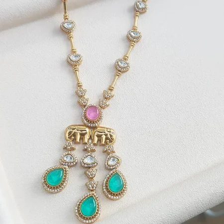 Royal Elephant Polki Necklace with Green & Pink Stones