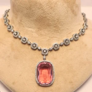 Cubic Zirconia Doublet Stone Necklace, Pink