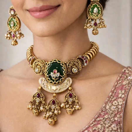 Antique Choker Necklace Set with Meenakari