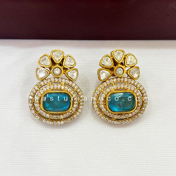 Royal Gold-Plated Stud style Earrings, Blue - Image 3