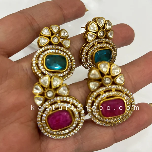 Royal Gold-Plated Stud style Earrings, Blue - Image 2