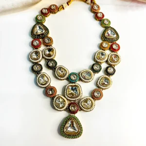 Layered Stone and Kundan Necklace with Multicolour Beads