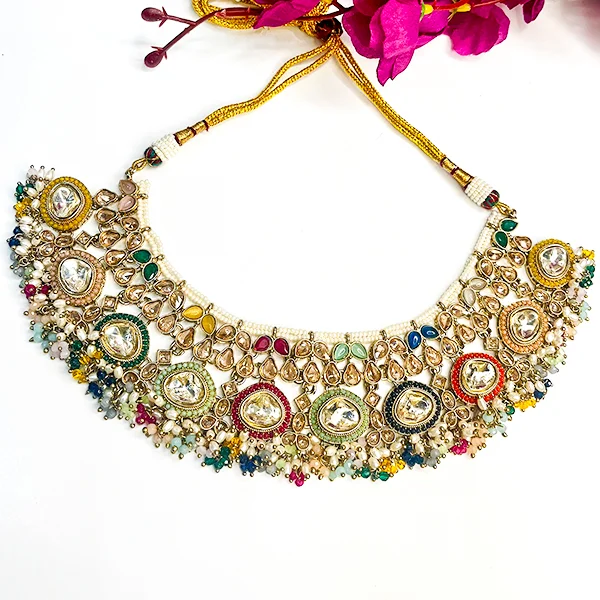 Multicolor Kundan Statement Necklace with Bead Detailing - Image 3