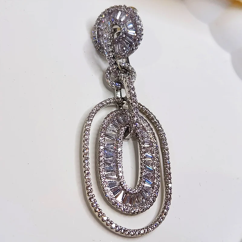 Silver Oval Drop Baguette Earrings - Image 3