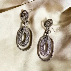 Silver Oval Drop Baguette Earrings