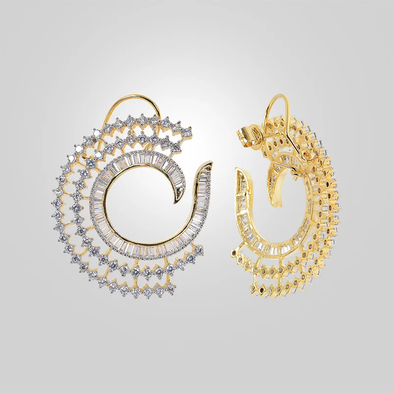 Diamond look alike Earrings, baguette earrings, Dual Tone large CZ hoops