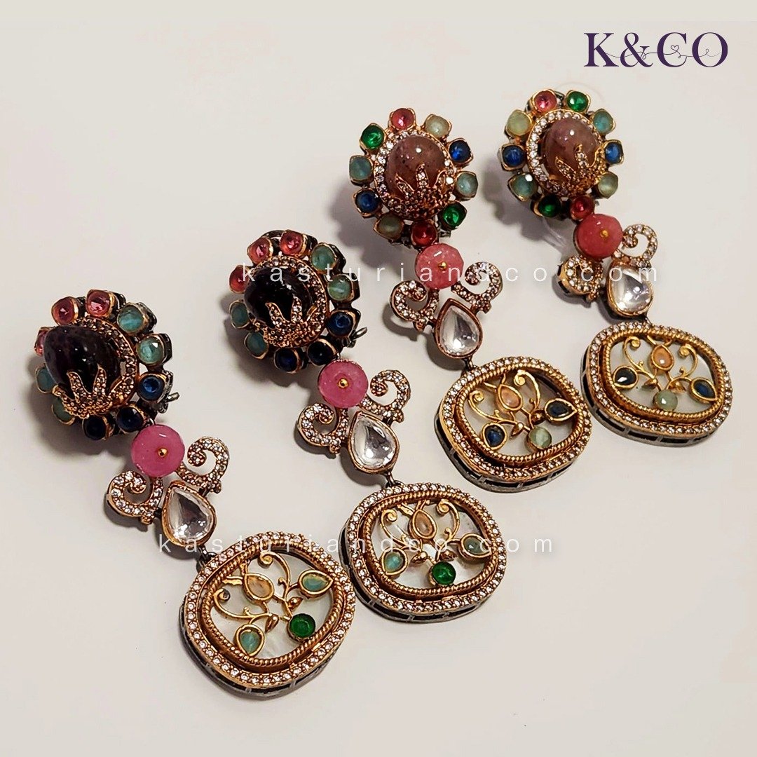 Navrattan stone setting Long Earrings - Image 3