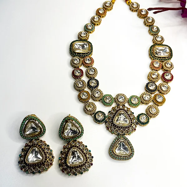 Traditional Kundan Multicolor Necklace with Polki Stones - Image 3