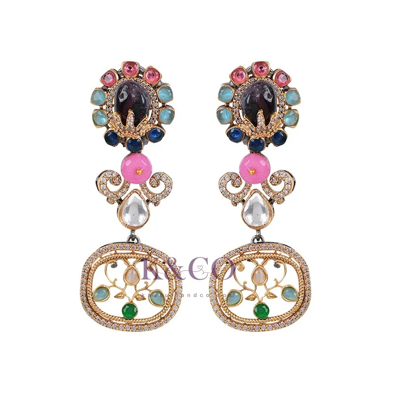 Navrattan stone setting Long Earrings - Image 2