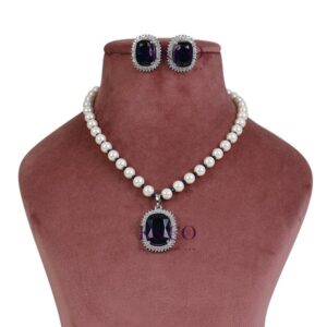 CZ Necklace Set with Stone and Pearls
