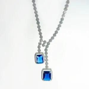 Alternative view of Cz Classic Y Necklace With Rhodium Plating, Blue