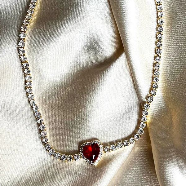 Tennis Necklace with Heart Charm Ruby