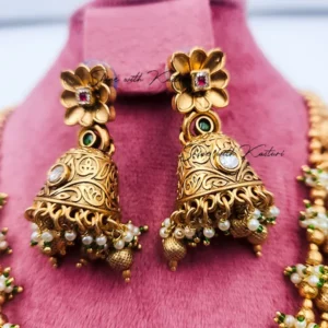 Alternative view of Shilpi Gold look long Necklace with Jhumkis