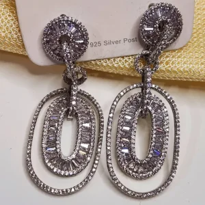 Silver Oval Drop Baguette Earrings