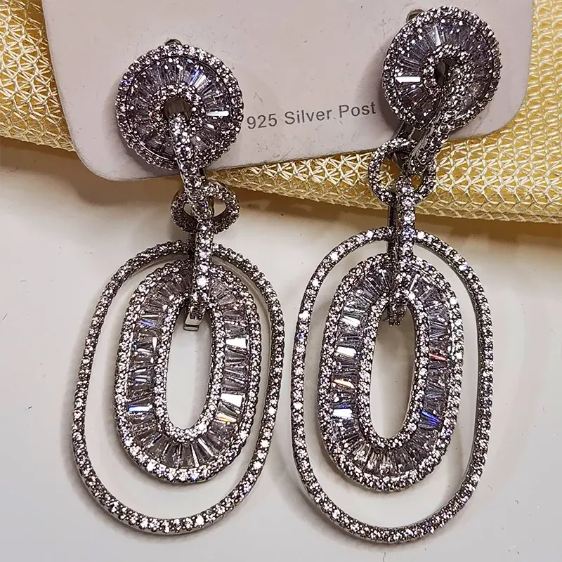 Silver Oval Drop Baguette Earrings