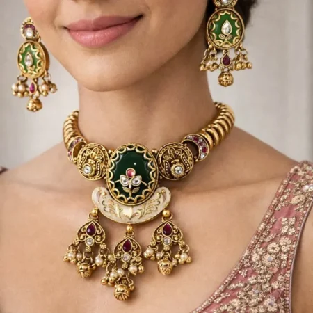 Antique Choker Necklace Set with Meenakari