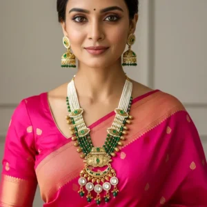 Regal Emerald Beads Long Necklace & Jhumka Set