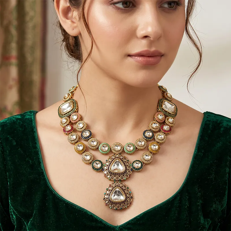 Traditional Kundan Multicolor Necklace with Polki Stones - Image 2