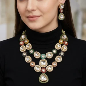 Alternative view of Layered Stone and Kundan Necklace with Multicolour Beads