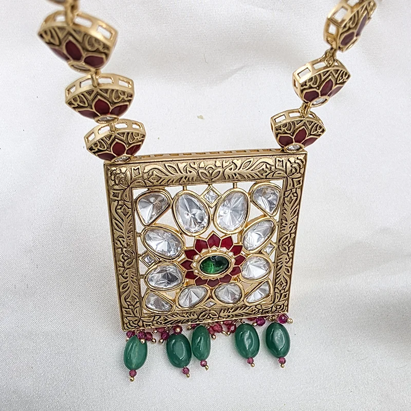 Royal Long Necklace with Kundan & Stones, Green - Image 3