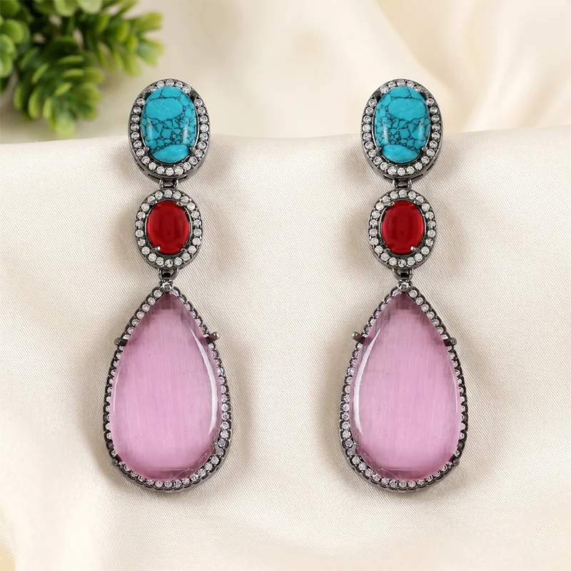 Long Earrings with Stone, Pink