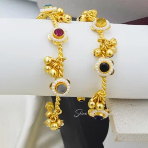 Multi‑Stone Pearl‑Bordered Gold Bangles Set