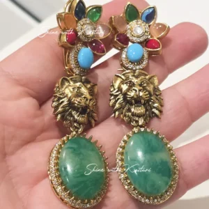 Royal Lion Motif Multi-Stone Drop Earrings